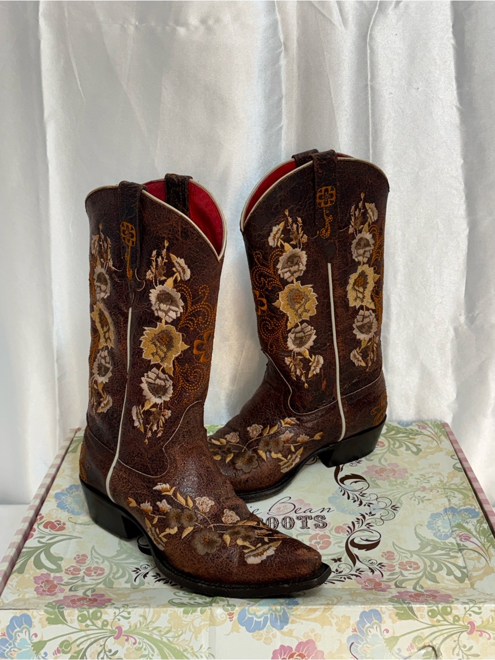 Macie Bean ‘Sweet Sixteen’ Cognac Western Cowgirl Boots with Floral Embroidery